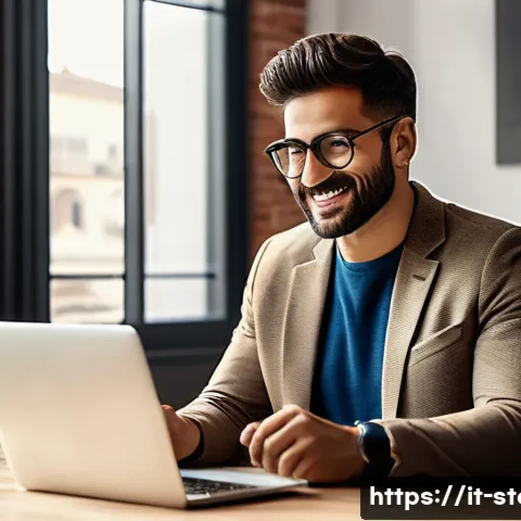 스토리텔러 관련 콘텐츠 마케팅 아이디어 - A professional Italian digital marketer in a modern office setting, engaging warmly with a diverse a...