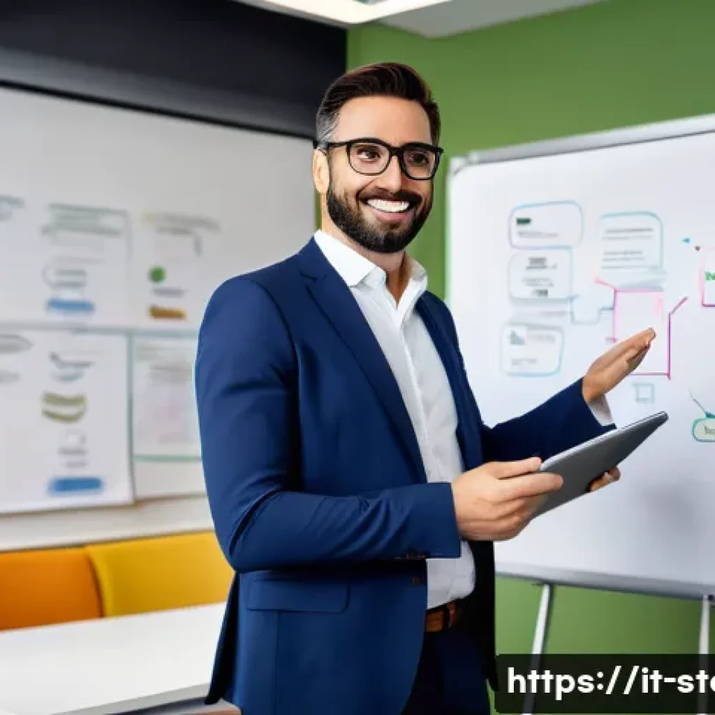 스토리텔러 자격증의 실질적 가치 분석 - A professional Italian storyteller in a modern office environment, confidently presenting a project ...