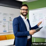 스토리텔러 자격증의 실질적 가치 분석 - A professional Italian storyteller in a modern office environment, confidently presenting a project ...