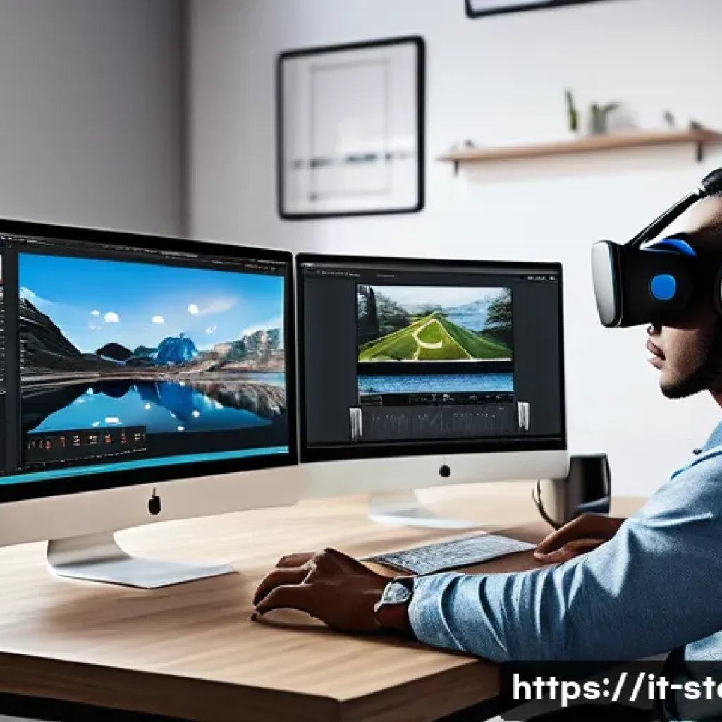 스토리텔러 관련 직업의 성장 전망과 기술적 요구 - A modern digital storyteller workspace scene featuring a young professional in casual business attir...