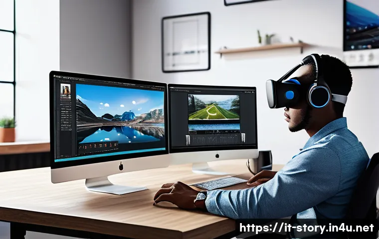 스토리텔러 관련 직업의 성장 전망과 기술적 요구 - A modern digital storyteller workspace scene featuring a young professional in casual business attir...