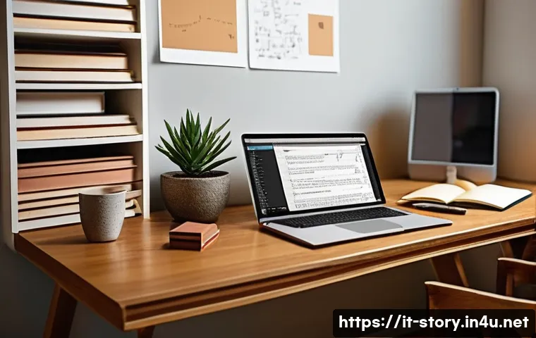 스토리텔러 자격증의 학습 자료 추천 - A modern writer&rsquo;s workspace featuring a sleek laptop with Scrivener software open on screen, surroun...
