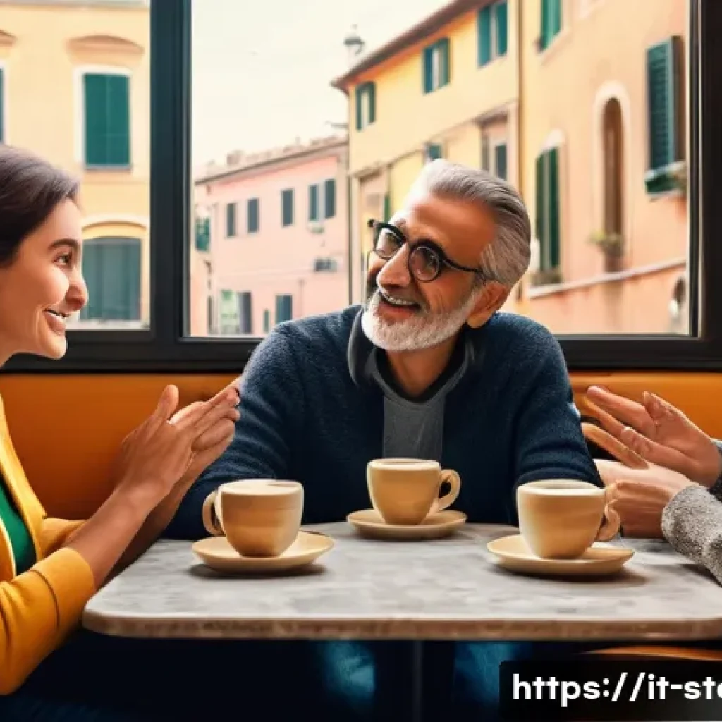 스토리텔러 필수 이론 정리 - A vibrant digital storytelling scene featuring a diverse group of attentive Italian adults gathered ...