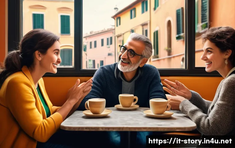스토리텔러 필수 이론 정리 - A vibrant digital storytelling scene featuring a diverse group of attentive Italian adults gathered ...