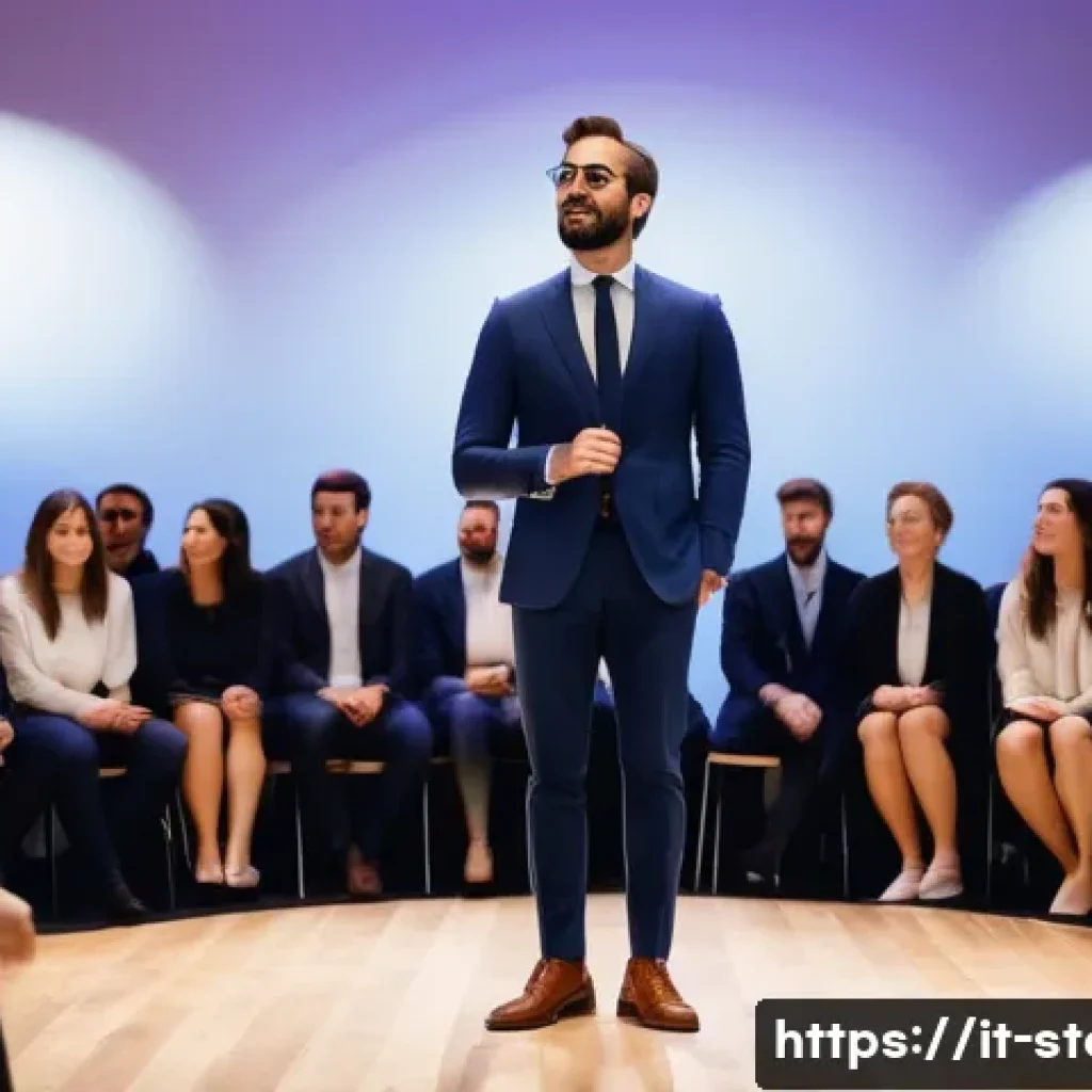 스토리텔러가 참여한 이벤트 성공 사례 - A professional storyteller standing on a modern stage at a corporate event in Milan, Italy, engaging...