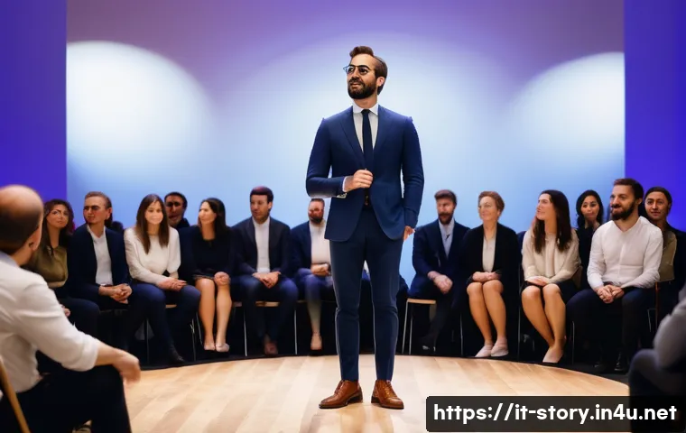 스토리텔러가 참여한 이벤트 성공 사례 - A professional storyteller standing on a modern stage at a corporate event in Milan, Italy, engaging...
