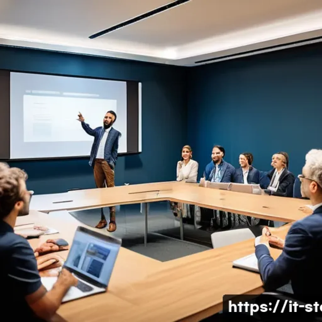 스토리텔러 관련 직종의 주요 기술 - A professional storyteller delivering a live presentation to a diverse Italian audience in a modern ...
