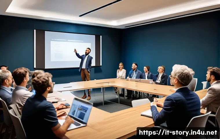 스토리텔러 관련 직종의 주요 기술 - A professional storyteller delivering a live presentation to a diverse Italian audience in a modern ...
