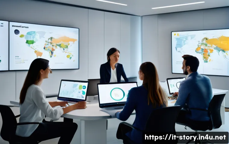 스토리텔러 실무에서의 창의적 이야기 제작 사례 연구 - A professional marketing team in a modern Italian office, collaborating on a storytelling campaign u...