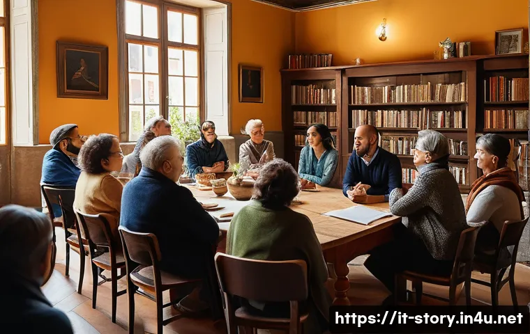 스토리텔러의 자기계발 방법 - A modern Italian storytelling workshop scene set in a cozy, sunlit room with large windows overlooki...