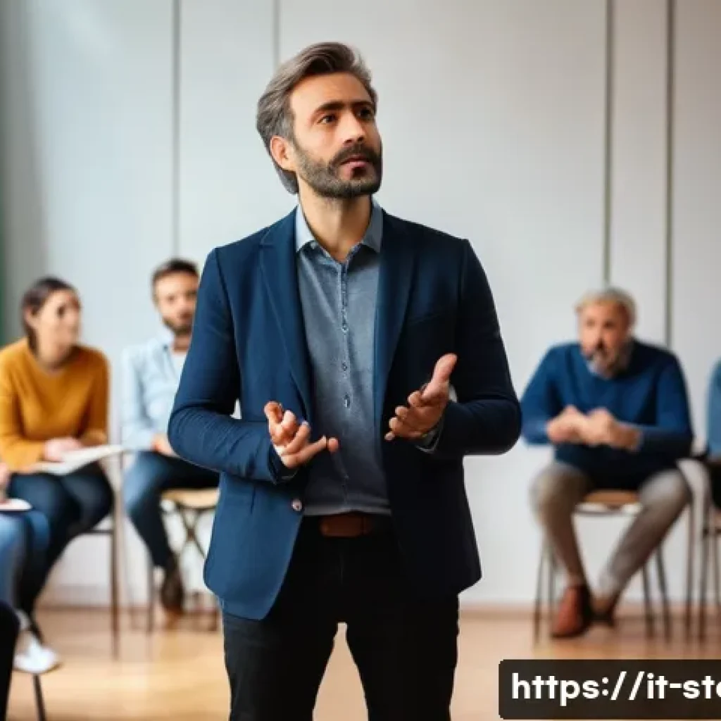 스토리텔러 실기 시험의 주요 평가 기준 - A professional storyteller standing confidently on a small stage in a modern Italian conference room...