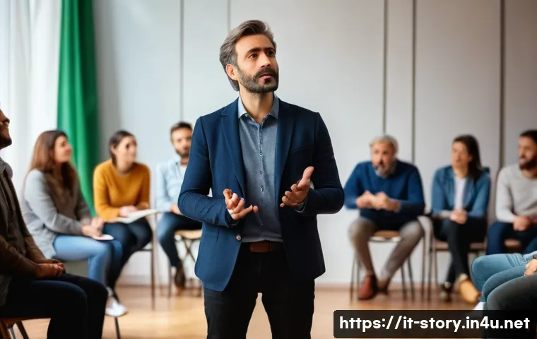 스토리텔러 실기 시험의 주요 평가 기준 - A professional storyteller standing confidently on a small stage in a modern Italian conference room...