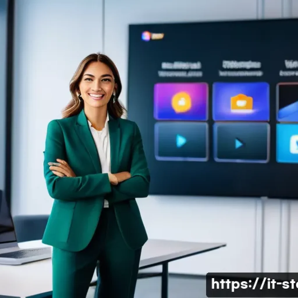 스토리텔러 자격증의 미래 전망 - A professional Italian businesswoman in a modern office setting, confidently presenting a digital st...