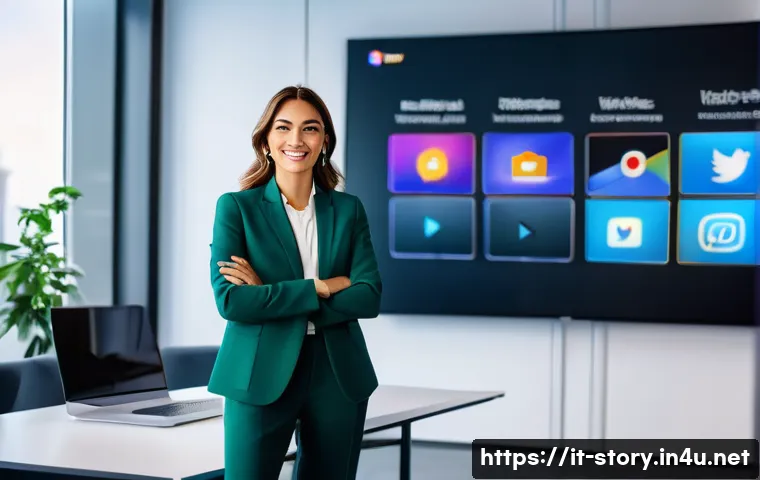 스토리텔러 자격증의 미래 전망 - A professional Italian businesswoman in a modern office setting, confidently presenting a digital st...