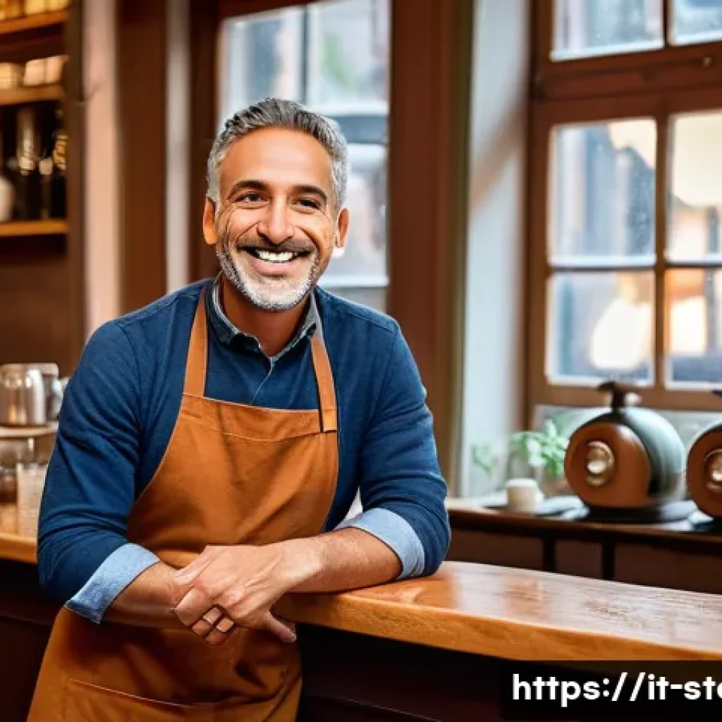 스토리텔러로서 비즈니스 스토리텔링 활용법 - A warm, inviting Italian small business owner in a cozy caf&eacute; setting, engaging sincerely with divers...