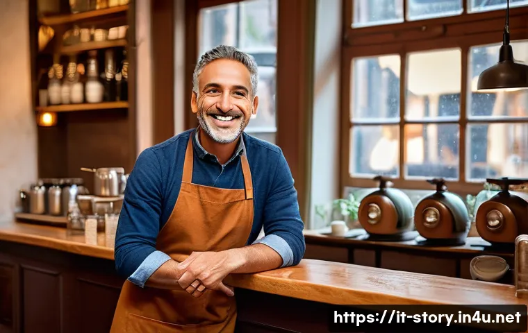 스토리텔러로서 비즈니스 스토리텔링 활용법 - A warm, inviting Italian small business owner in a cozy café setting, engaging sincerely with divers...