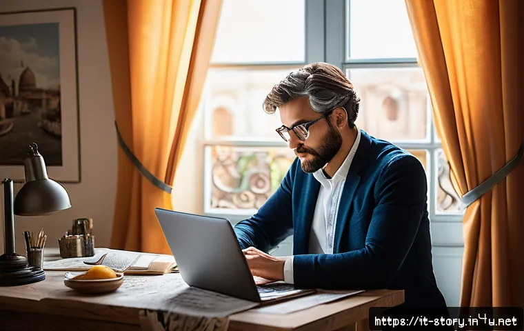 스토리텔러 직업의 성공 사례와 성장 가능성 분석 - A professional Italian storyteller in a modern home office setting, surrounded by digital tools like...