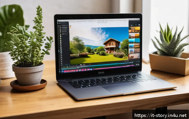 스토리텔러의 글로벌 네트워킹 기회 - A vibrant digital storyteller’s workspace featuring a modern laptop with Adobe Premiere open on scre...