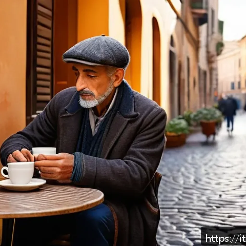 스토리텔러와 스토리큐레이션의 차이 - A warm, inviting Italian café scene in a cozy Rome street at sunrise, featuring a middle-aged storyt...