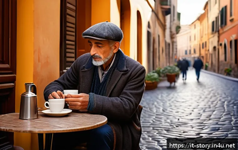 스토리텔러와 스토리큐레이션의 차이 - A warm, inviting Italian café scene in a cozy Rome street at sunrise, featuring a middle-aged storyt...