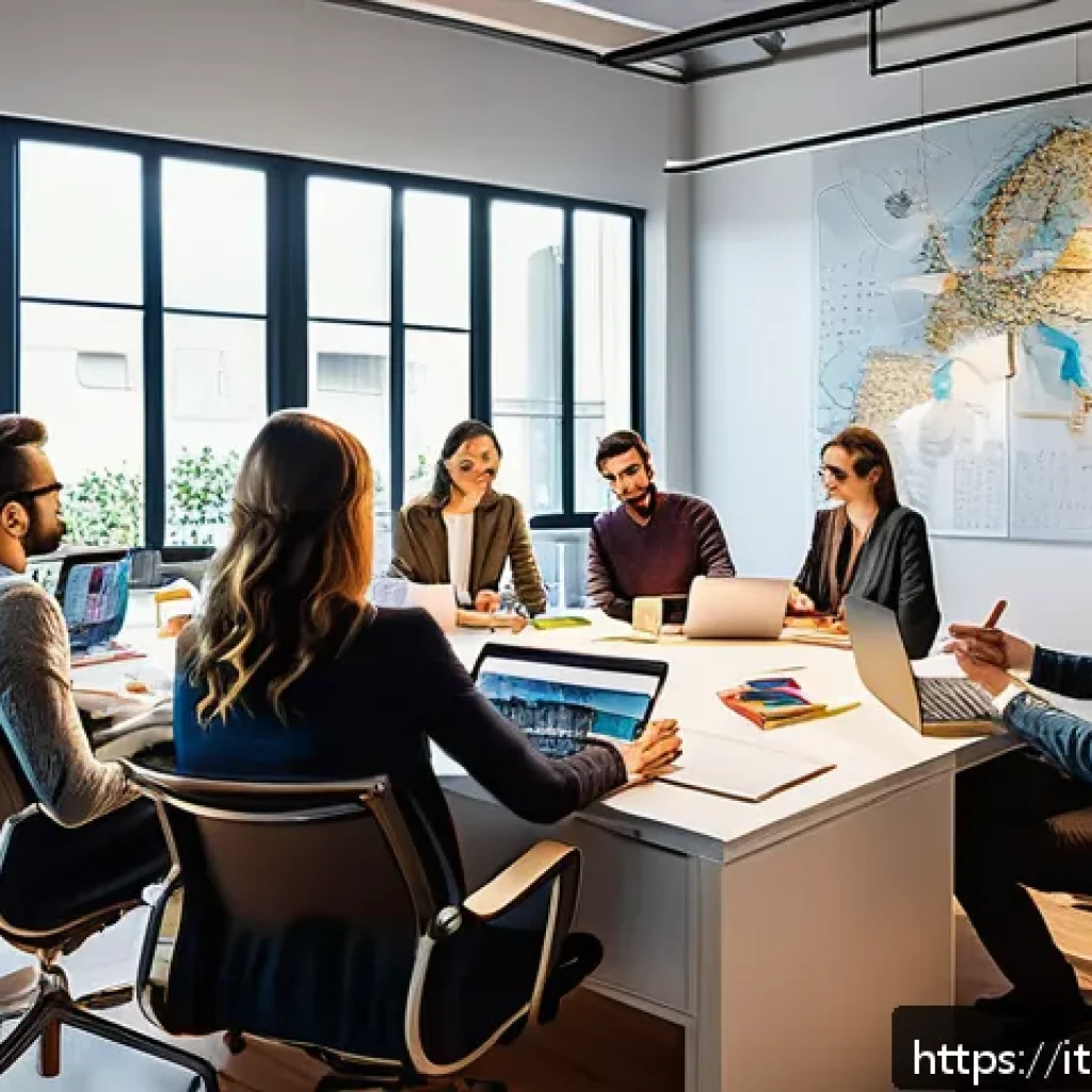 스토리텔러와 관련된 주요 직무 소개 - A creative team brainstorming session in a modern Italian office, featuring diverse professionals in...