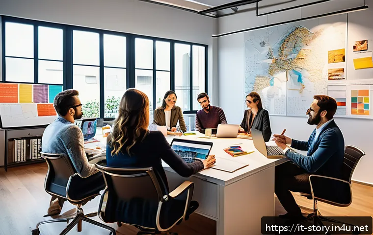스토리텔러와 관련된 주요 직무 소개 - A creative team brainstorming session in a modern Italian office, featuring diverse professionals in...