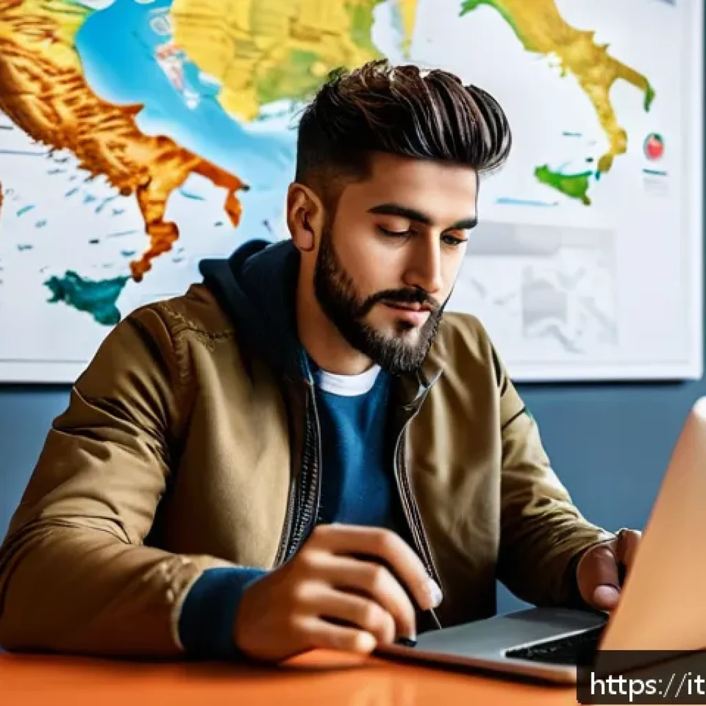 스토리텔러로서의 직업 변화와 도전 - A modern digital storyteller workspace showing a young Italian content creator in casual stylish clo...