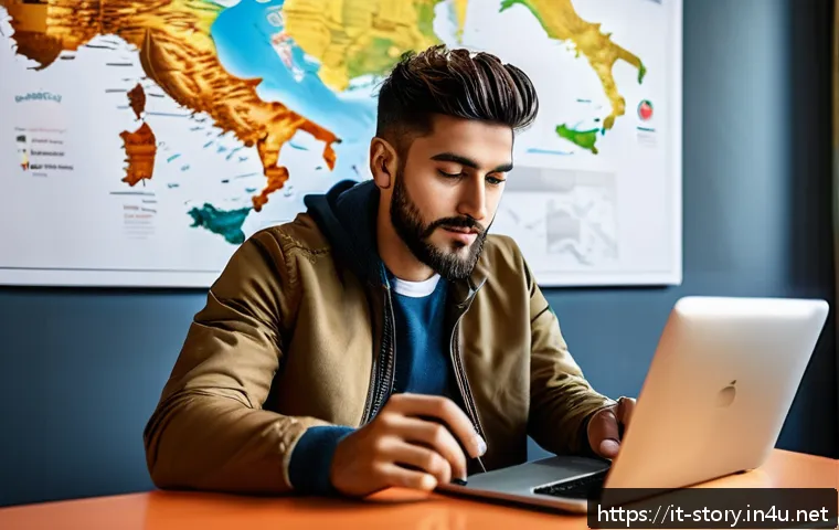스토리텔러로서의 직업 변화와 도전 - A modern digital storyteller workspace showing a young Italian content creator in casual stylish clo...