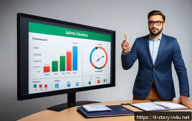 스토리텔러 직무와 관련된 해외 사례 분석 - A professional business presentation scene featuring a confident Italian data storyteller standing b...