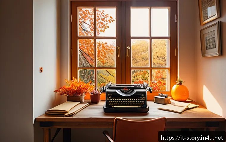 스토리텔러의 크리에이티브 사고법 - A cozy writer’s room bathed in warm natural light, featuring a wooden desk cluttered with scattered ...