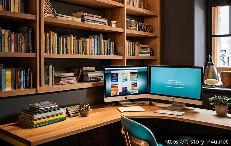 스토리텔러 자격증과 관련된 준비 과정과 성공 전략 분석과 연구 - A modern digital storyteller workspace, featuring a sleek desk with dual monitors displaying video e...