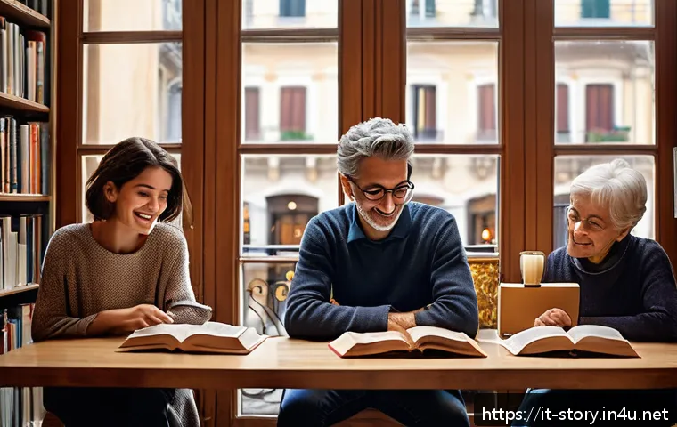 스토리텔러가 만드는 스토리의 핵심 요소 - A heartfelt scene of a diverse group of readers deeply immersed in a cozy Italian library, their fac...