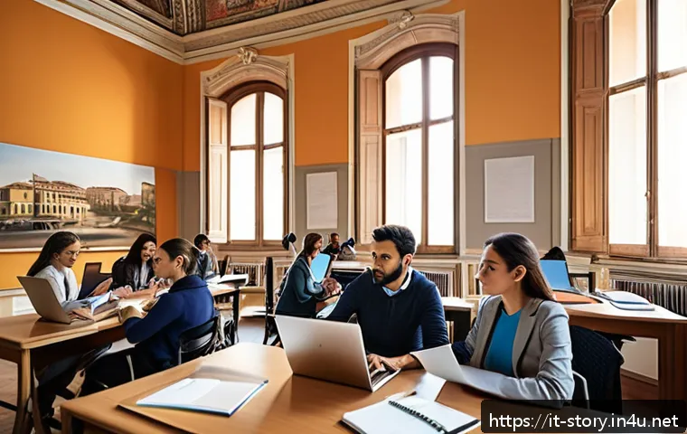 스토리텔러 자격증과 경력 설계 전략 - A modern classroom setting in Italy where a diverse group of adult students attentively participates...