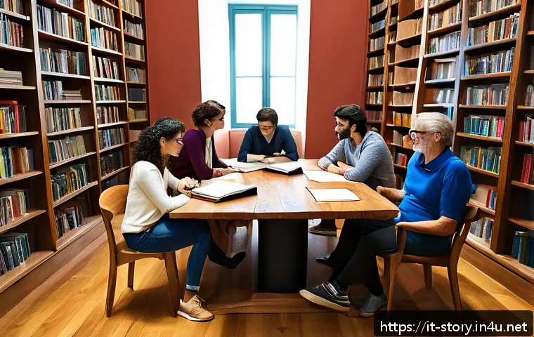 스토리텔러 관련 학습 자료와 추천 도서 - A cozy creative writing workshop scene set in a modern Italian library room, with diverse adult part...