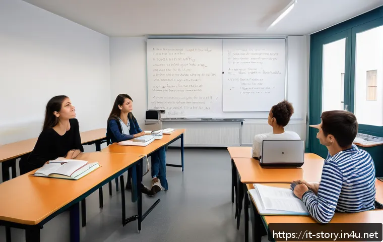 스토리텔러 필기 시험 합격률 분석 - A professional Italian classroom setting focused on storytelling exam preparation: a diverse group o...