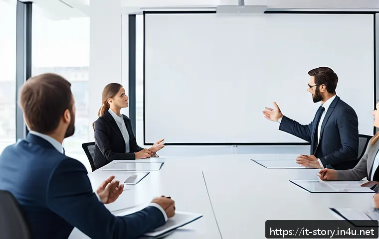 스토리텔러로서 리더십 발휘하기 - A professional Italian corporate leader giving an engaging presentation in a modern office setting, ...