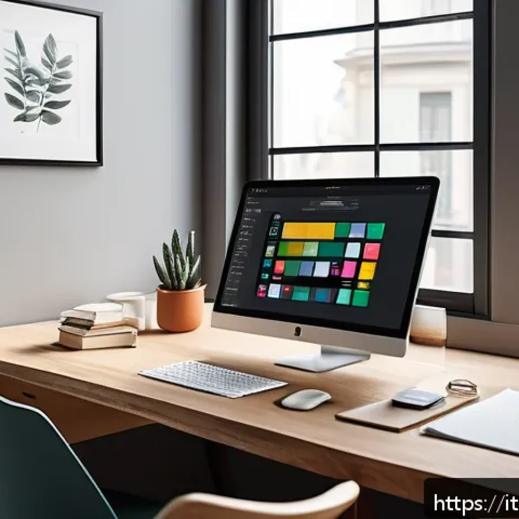 스토리텔러 실무에서 필수적인 도구와 앱 - A modern creative workspace featuring a clean, minimalist user interface on a large desktop screen d...