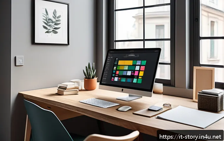 스토리텔러 실무에서 필수적인 도구와 앱 - A modern creative workspace featuring a clean, minimalist user interface on a large desktop screen d...