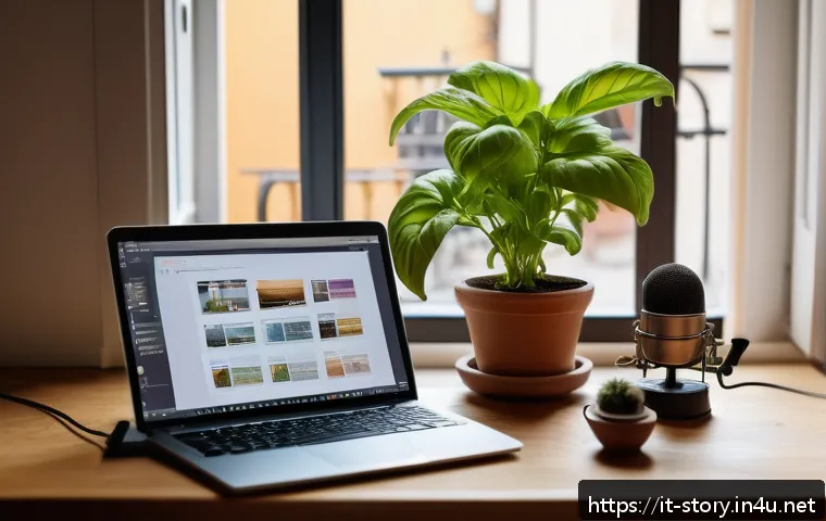 스토리텔러가 배우는 창의적 글쓰기 - A cozy creative writer's workspace in a modern Italian apartment, featuring a wooden desk with a sle...