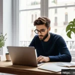 Home 22 스토리텔러 관련 직업군의 필수 기술 - A warm, inviting digital workspace showing a content creator deeply engaged in storytelling on a lap...
