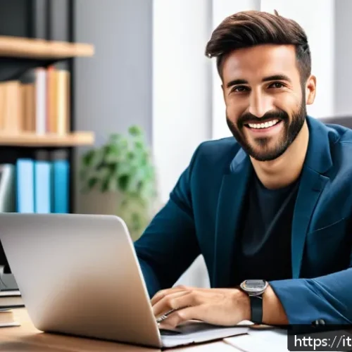 Home 32 스토리텔러가 작성한 베스트 스토리 예시 - A professional Italian content creator sitting at a modern desk with a laptop and smartphone, engagi...