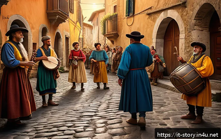 스토리텔러와 문학 작품의 연결성 - A richly detailed scene of an Italian medieval village during a festival, capturing local traditions...