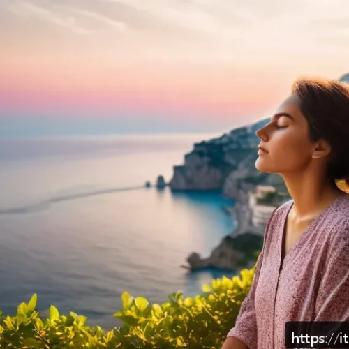 Home 17 스토리텔러의 기본 장비 및 도구 - A warm, evocative sunset scene on the Amalfi Coast of Italy, featuring a softly glowing orange and p...