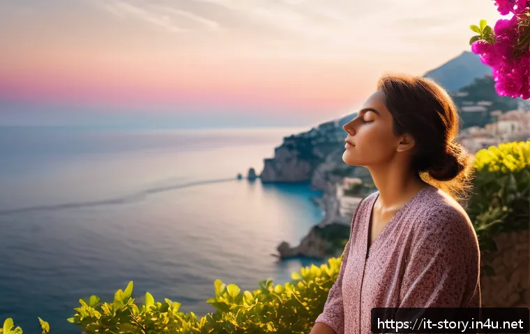 스토리텔러의 기본 장비 및 도구 - A warm, evocative sunset scene on the Amalfi Coast of Italy, featuring a softly glowing orange and p...