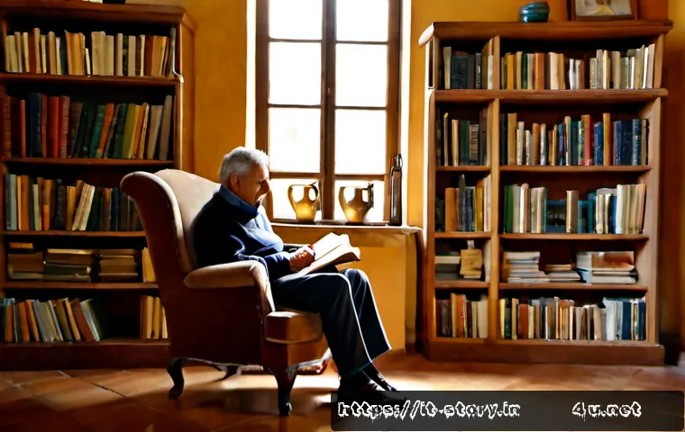 스토리텔러와 퍼포먼스 스토리텔링의 차이 - Photorealistic intimate Italian library scene, a single storyteller seated in a worn velvet armchair...