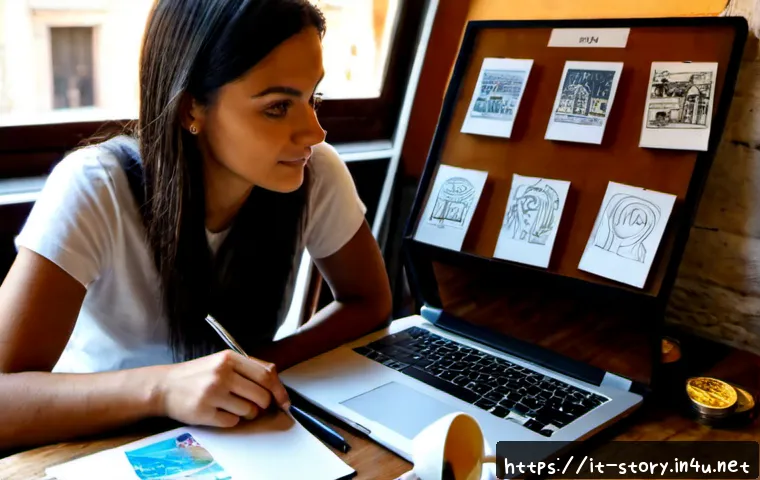 Home 17 스토리텔러로서 새로운 기회 발굴법 - Photorealistic Italian freelance storyteller in a sunlit Rome café, thoughtfully reviewing a visual ...
