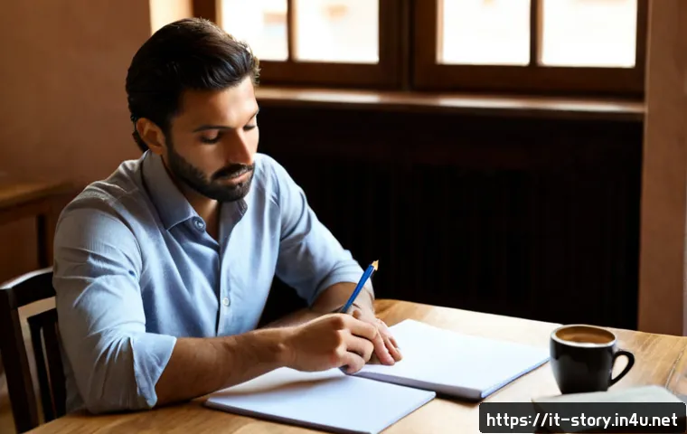 스토리텔러 자격증 필기 시험 모의고사 - Photorealistic Italian adult learner taking a storytelling certification practice exam at a tidy woo...