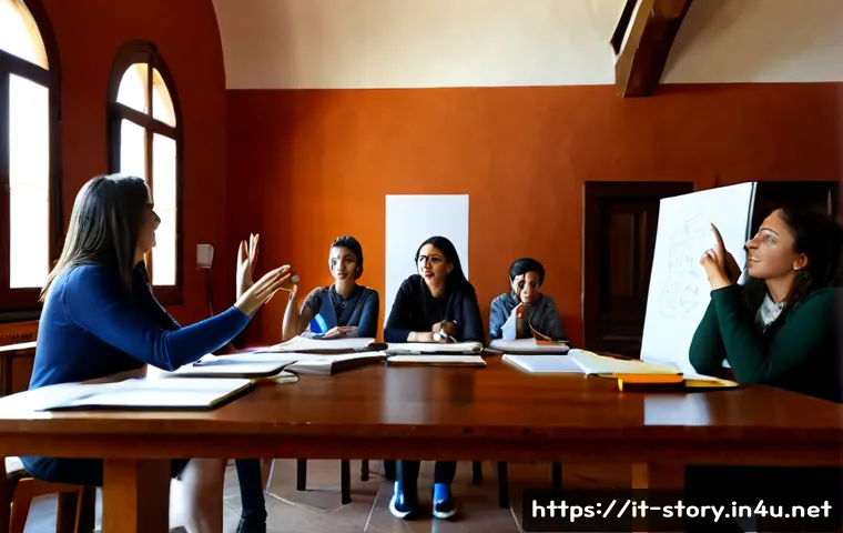 Home 17 스토리텔러 실무 교육 과정 - Photorealistic storytelling workshop in a sunlit Italian cultural center, diverse adult students sea...